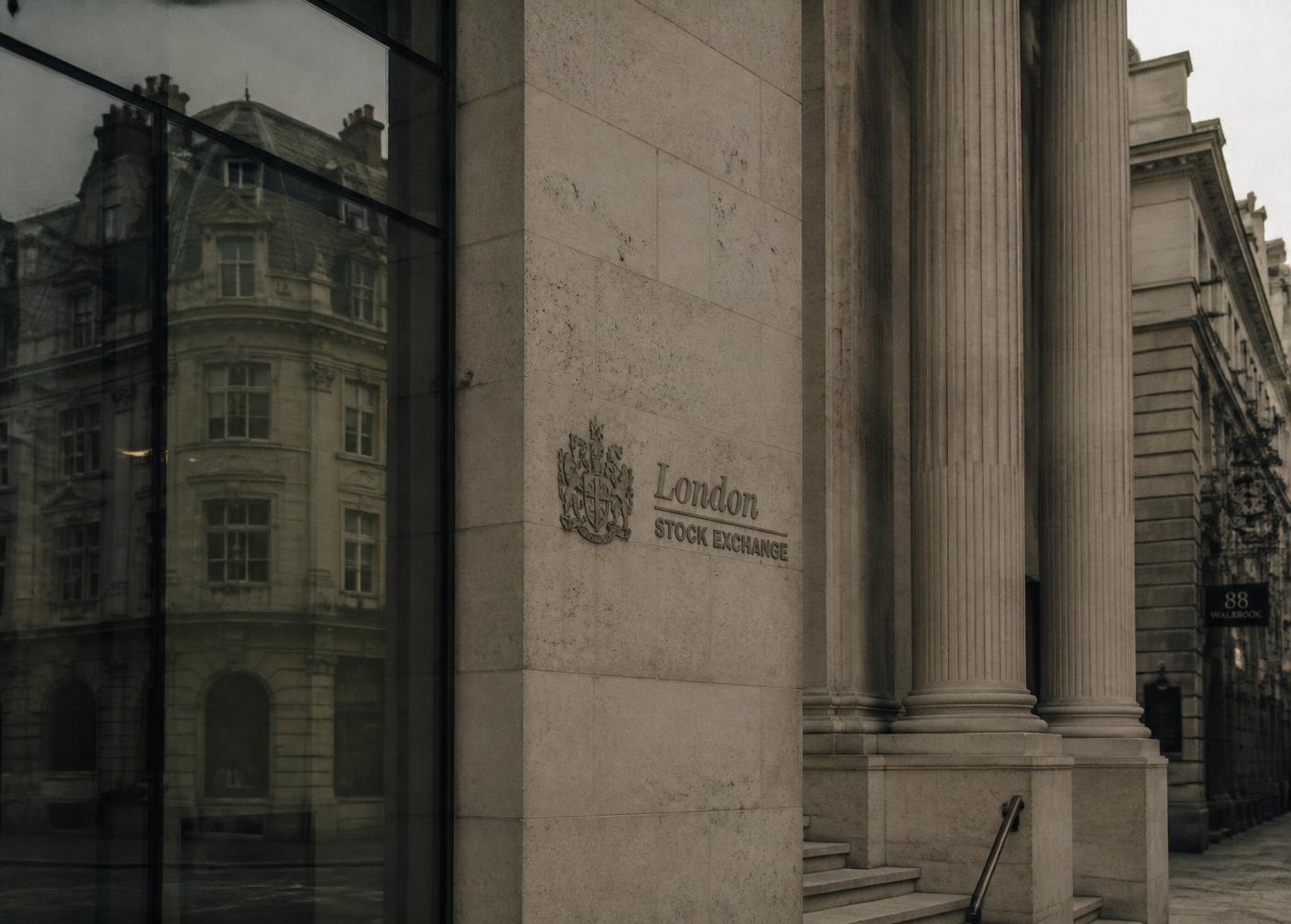 Stone façade of the London Stock Exchange with classical columns